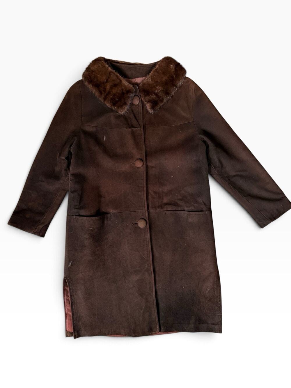 Vintage 60s Brown Suede Leather Coat w/ Mink Fur Collar Mod Jacket Womens S M
